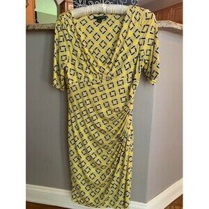 Lauren By Ralph Lauren Dress Size 10  Faux Wrap Ruched 3/4 Sleeve Midi Stretch